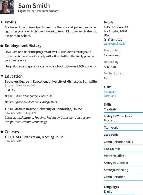 Resume/CV for for English teacher with no experience