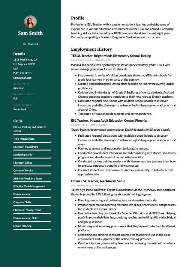 Resume/CV for for ESL teacher with experience