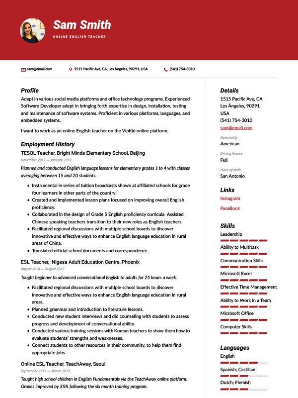 Resume/CV for online English teacher with experience