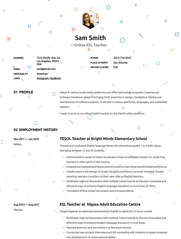 Resume/CV for online ESL teacher with experience