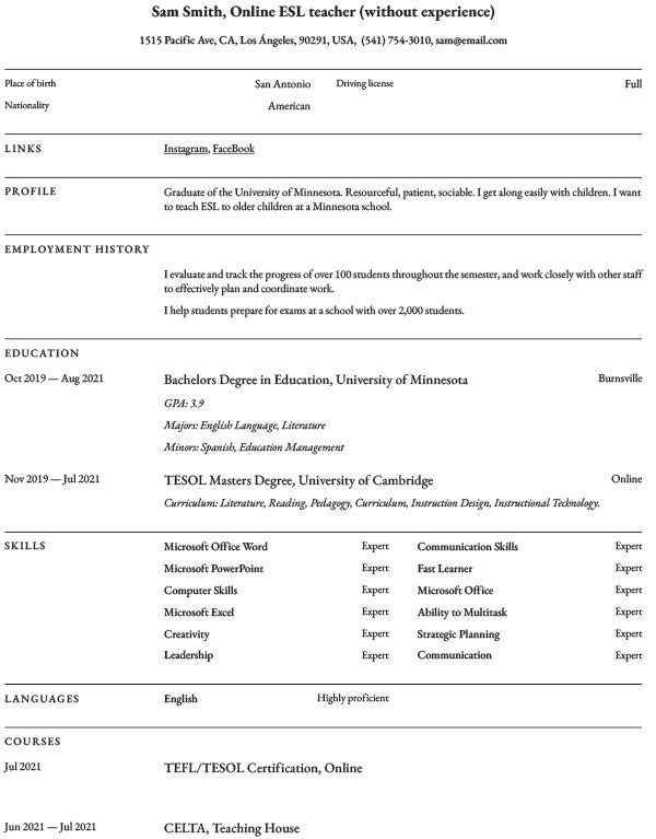 Resume/CV for online ESL teacher without experience